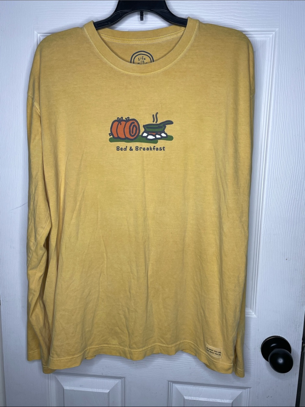 Life Is Good Yellow Long Sleeve Tee with Bed & Breakfast Graphic. Size L
